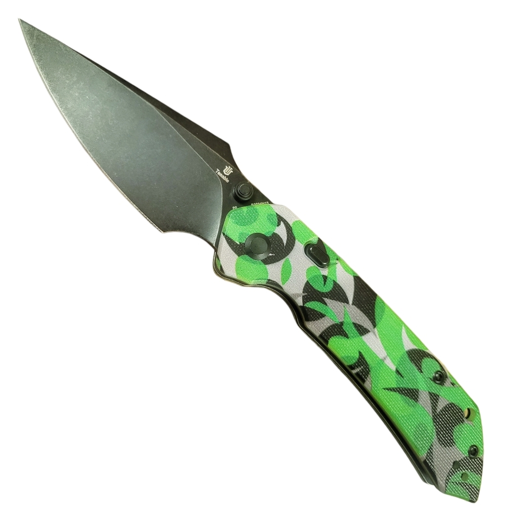 TENABLE // Fenrir: Button Linerlock Knife // Black D2 w G10 Jade Camo - Picture 2 of 10